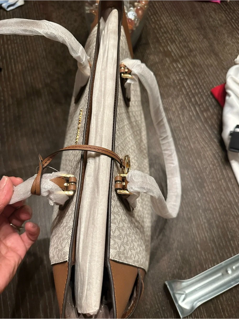 Michael Kors Cream Beige MK Logo Tote with Gold Hardware